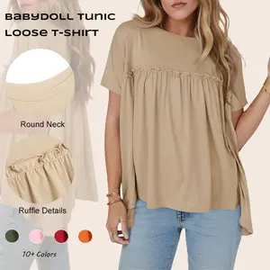 Womens Summer Babydoll Tunic Tops Pleated Short Sleeve Crew Neck Peplum T Shirts Casual Loose Fit Outfits Womenswear Blouse church outfit Breathable Chic