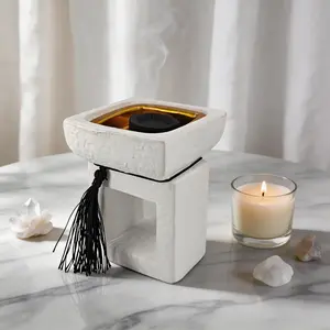 White Ceramic Incense Burner with Tassel, Minimalist Geometric Hollow Incense Holder for Home Decor, Fragrance, Yoga, Meditation, Spa, Bedroom, Living Room, Boho Home, Aromatherapy & Housewarming Gift, Home Fragrances
