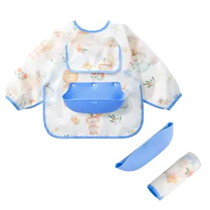 Long Sleeve Bib with Silicone Catch Pocket, Waterproof Feeding Bibs for Toddlers, Machine Washable, Baby Smock Bib for Mealtime & Playtime