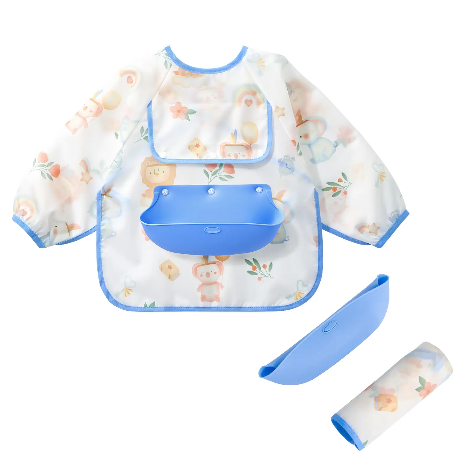 Long Sleeve Bib with Silicone Catch Pocket, Waterproof Feeding Bibs for Toddlers, Machine Washable, Baby Smock Bib for Mealtime & Playtime