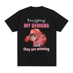 Funny I Am Fighting My Demons and The Are Winning Rat Meme T-shirt Fashion Creative T Shirts Short Sleeve Oversized T-shirts graphic tee pumpkin patch outfit
