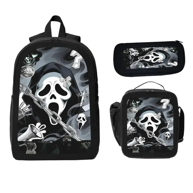 3-Piece Ghost Face School Backpack Set for Men Women, Lightweight Horror Aesthetic Youth Backpack with Lunch Bag, Pencil Case & Laptop Compartment, School Backpacks