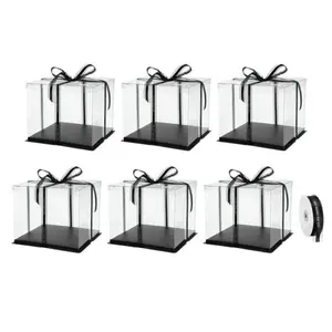 Clear Cake Box 6 Pack 12"x12"x10" Tall Cake Boxes with Ribbon for 10 Inch Cake Packing Carry for Birthday Black