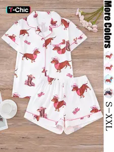 Women's All Over Dachshund Print Shirt & Elastic Waist Shorts Pyjama Two-piece Set, Matching Pj Set, Casual Comfy Short Sleeve Collared Top & Shorts PJ Set, Ladies Sleepwear for All Seasons, Loungewear, Sleep Pajamas Shorts, Pajama Clothes