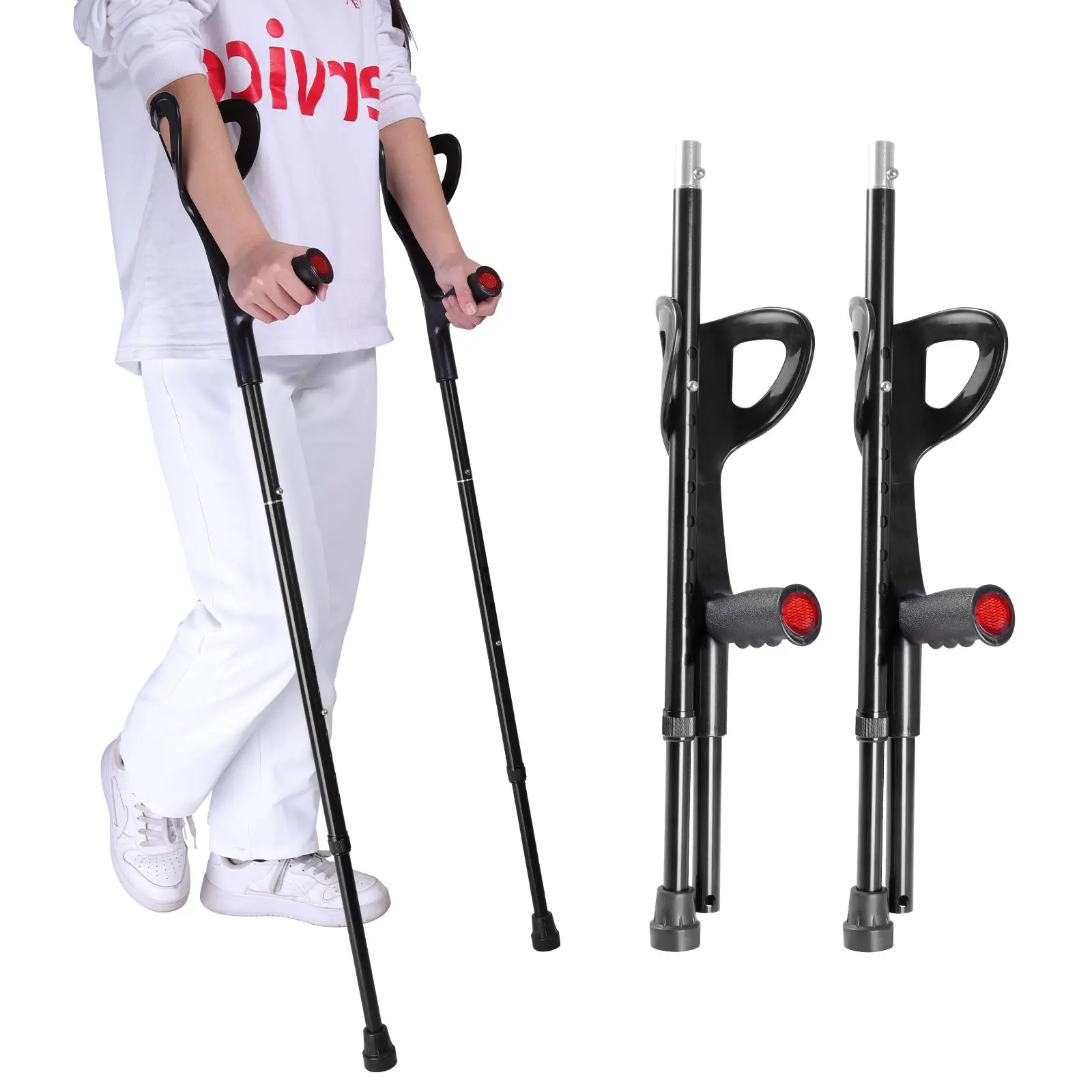 Lightweight adjustable forearm crutches with 10 height levels, non-slip foot pads, and LED safety lights. Suitable for adults and seniors, great for both indoor and outdoor use