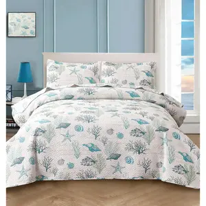 3-  Quilts Set Full/ Size Beach Bedspread Lightweight Coastal Bedding Reversible Bedding Cover Nautical Coverlet Set Seaweed Coral Beach Conch Sheet(90"x90")