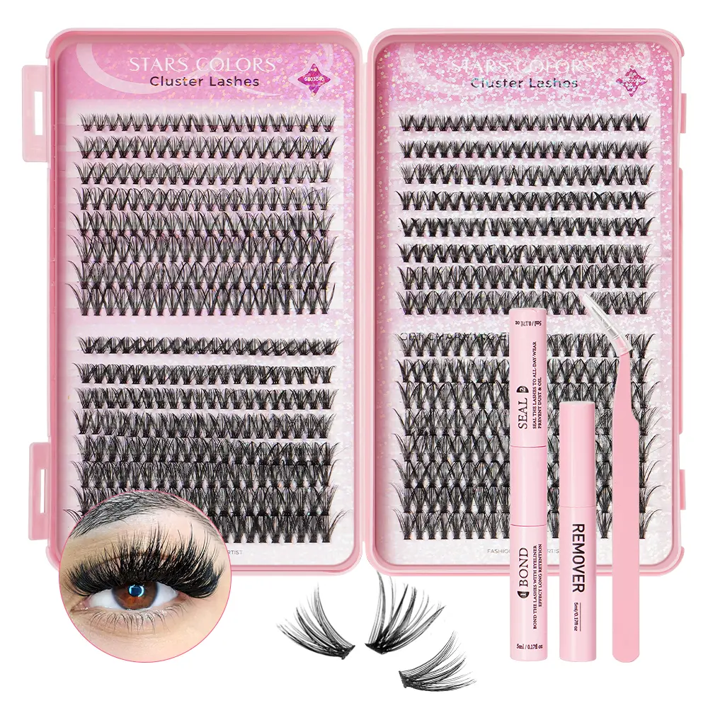 Star-Gathering Flawless Eyelash Book Cosmetic Set - Mixed-Style 30D/40D/50D Lash Clusters with Black Base, Lash Extensions Tools, Travel Kit, Eyeliner Applicator, Sealer, 4ml Solution, Spring 4ml Tweezers for Makeup Styling