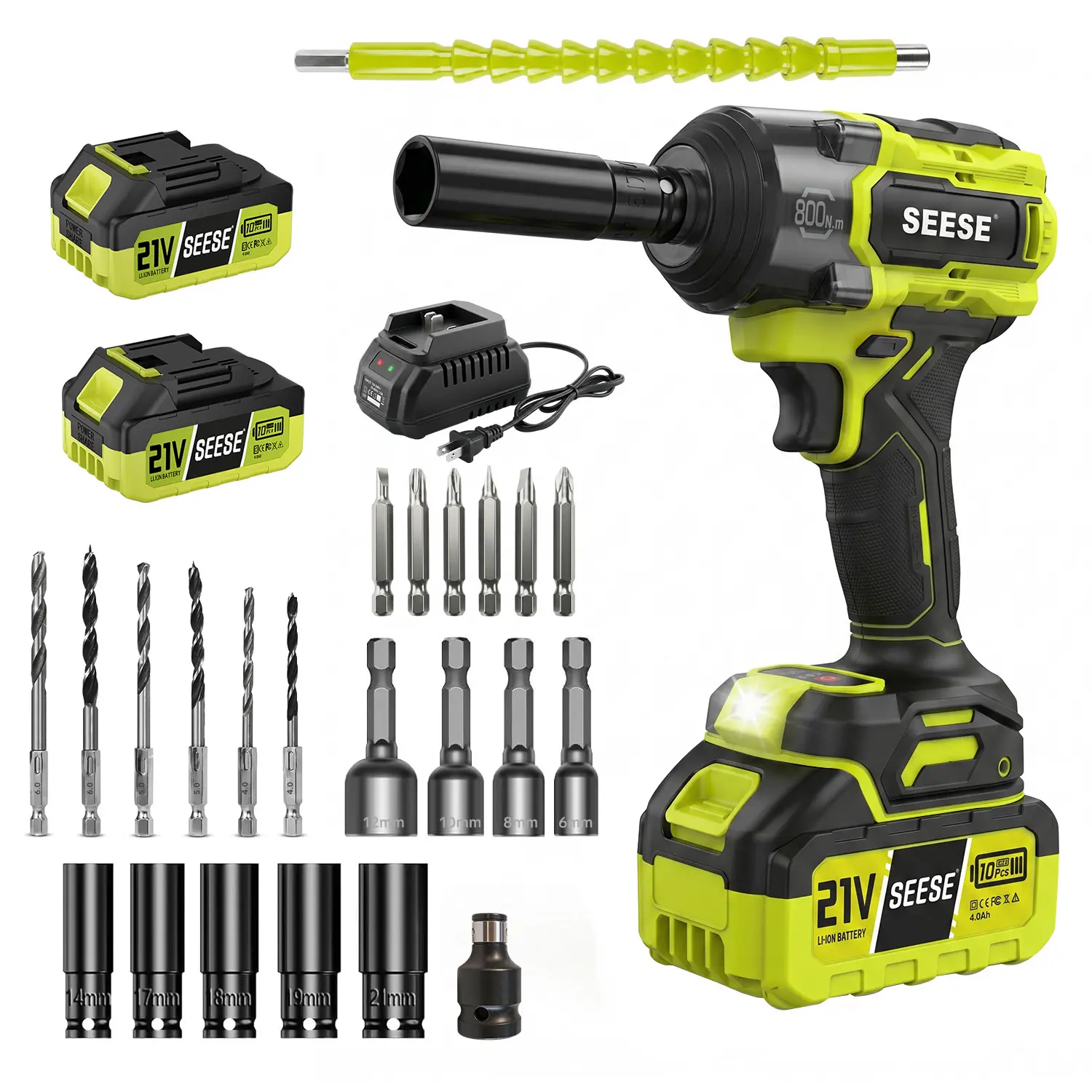 SEESE 3 in 1 Cordless Impact Wrench 590 FT-LBS(800N.m) 3200IPM 1/2 Impact Gun High Torque Electric Impact Driver Cordless Impact Wrench with 21V 2 x4.0Ah Battery ,LED Light,9 Sockets,6 Drills,6 Screws & Case for HomeCar Tire Lug Nut fathe