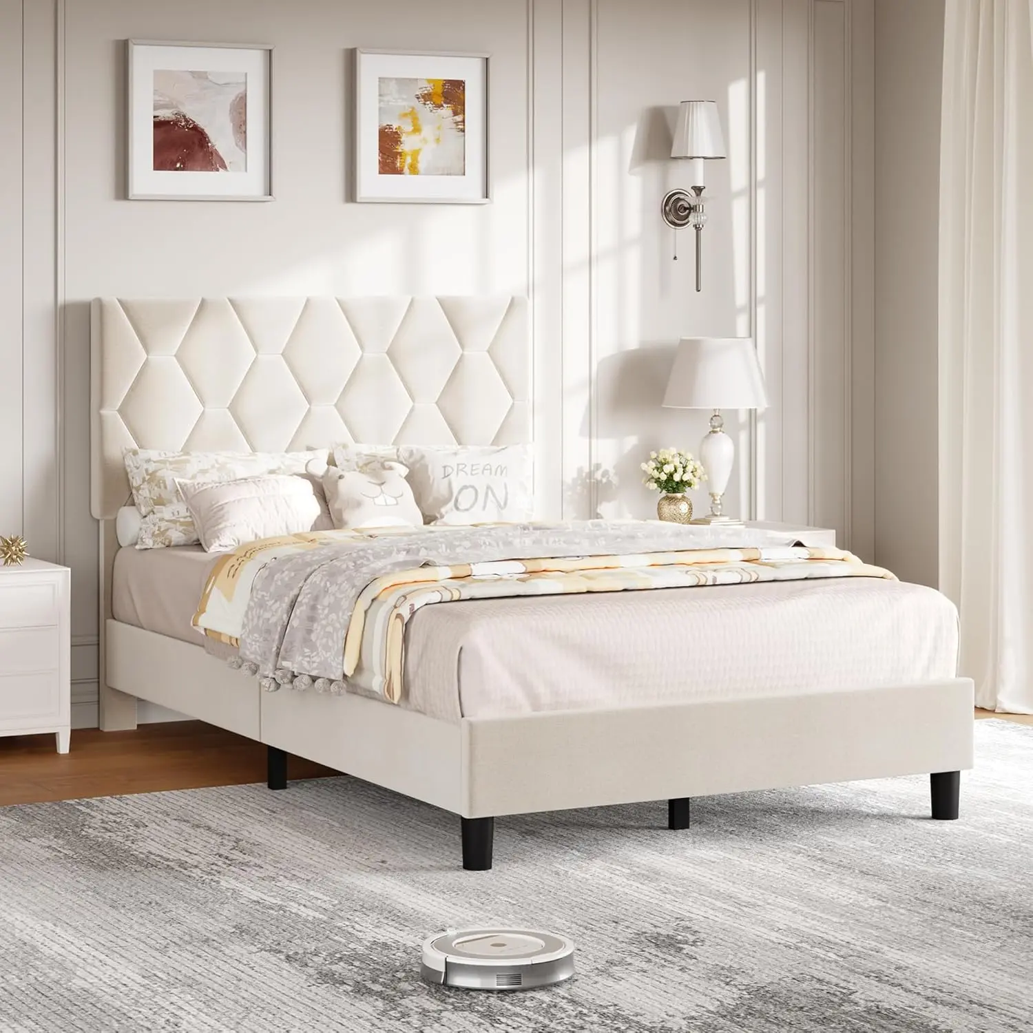 Beige Twin Upholstered Platform Bed Frame with Adjustable Upholstered Headboard, Heavy-Duty Construction, Strong Wood Slats, No Box Spring Needed, Noise-Free Design, Easy Assembly, Beds, Adjustable Headboard, Upholstered Bed Frames, Durability Bed Frames