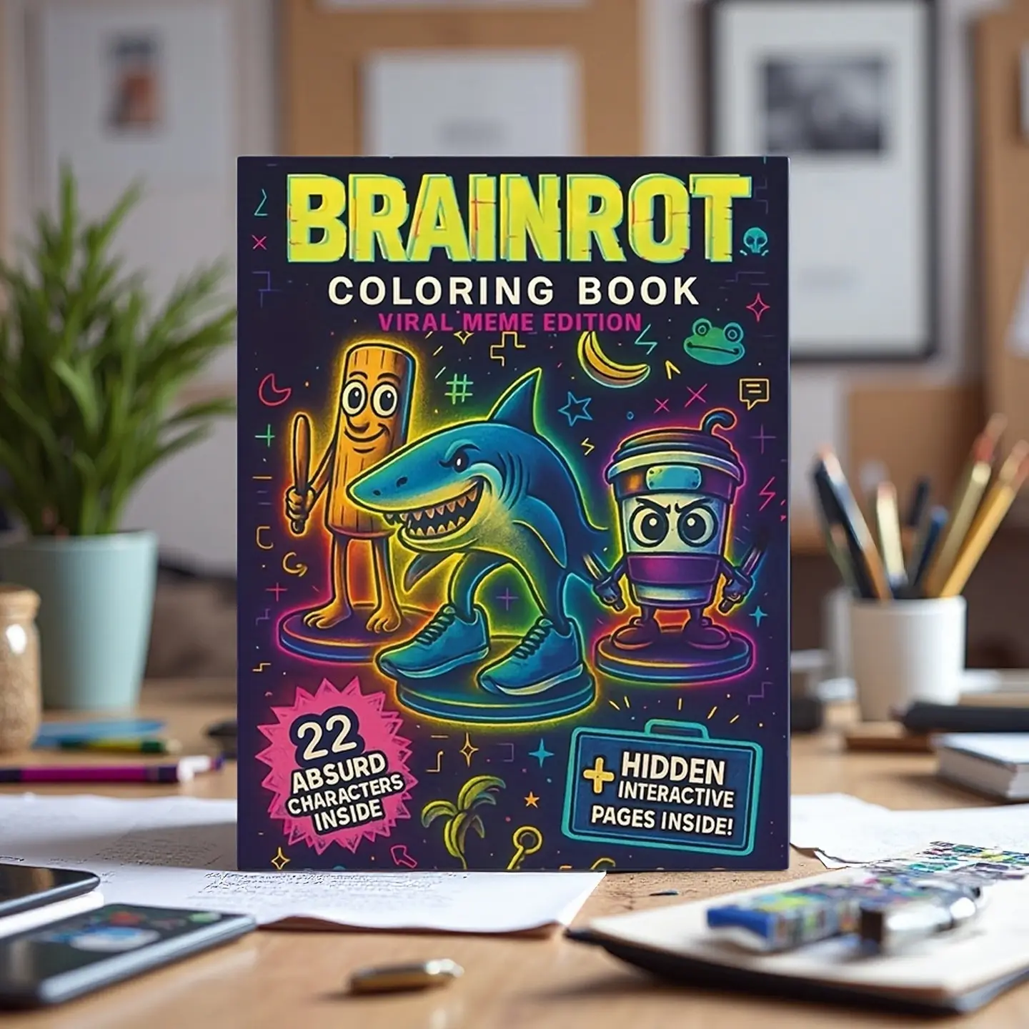 Ultimate Meme Gift Brainrot Coloring Book, Features 22 Viral Characters, Vibrant Cartoon Design, Hidden Pages, Ideal for Adults & Teens, Meme Culture, Gen Z, Humor