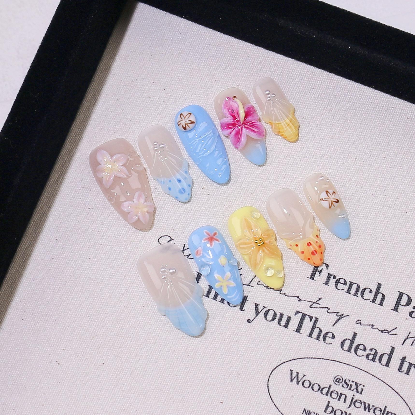 【Lucy UU】3 Styles Luxury Tropical 3D Floral Press On Nails Ocean Jellyfish Red French Silver Glitter Pink French Leopard Print Long Stiletto Shape Handmade Reusable Fake Nail For Women