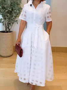 Elegant Plus Size Women's Plaid Mesh Breathable Short Sleeve Slim Fit Collared Shirt Dress, Casual Chic Dress, Casual Commuter Vacation Wear, Stylish Summer Womenswear
