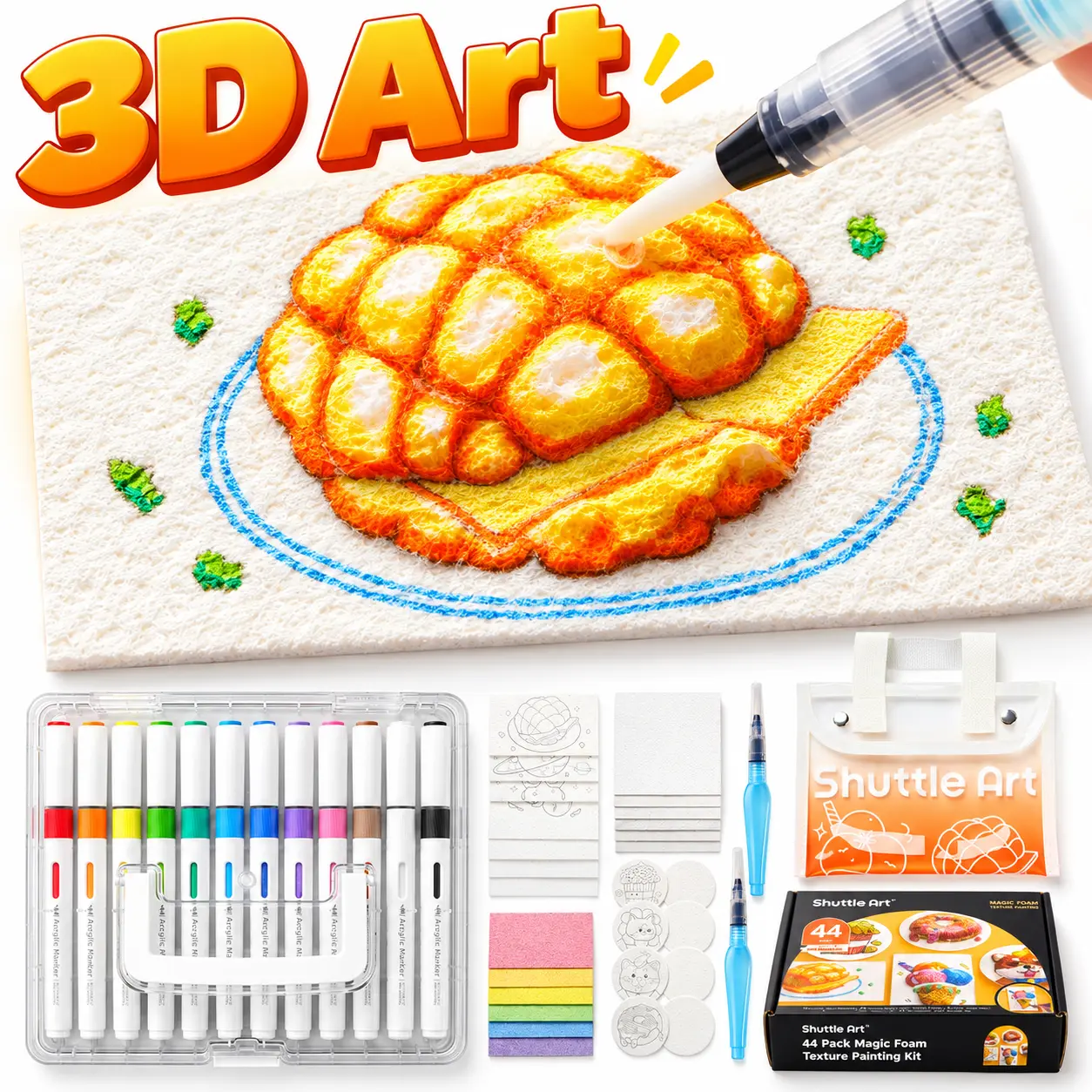 Shuttle Art Classic-44 Pcs Magic Foam Texture Painting Kit - Complete Craft Set with 28 Foam Texture Papers, 12-Color Brush Tip Automatic Ink Control Acrylic Markers, 2 Water Brushes, 3D Toy Painting DIY Materials & Crafting Kit Tools for Gifting,techvibe