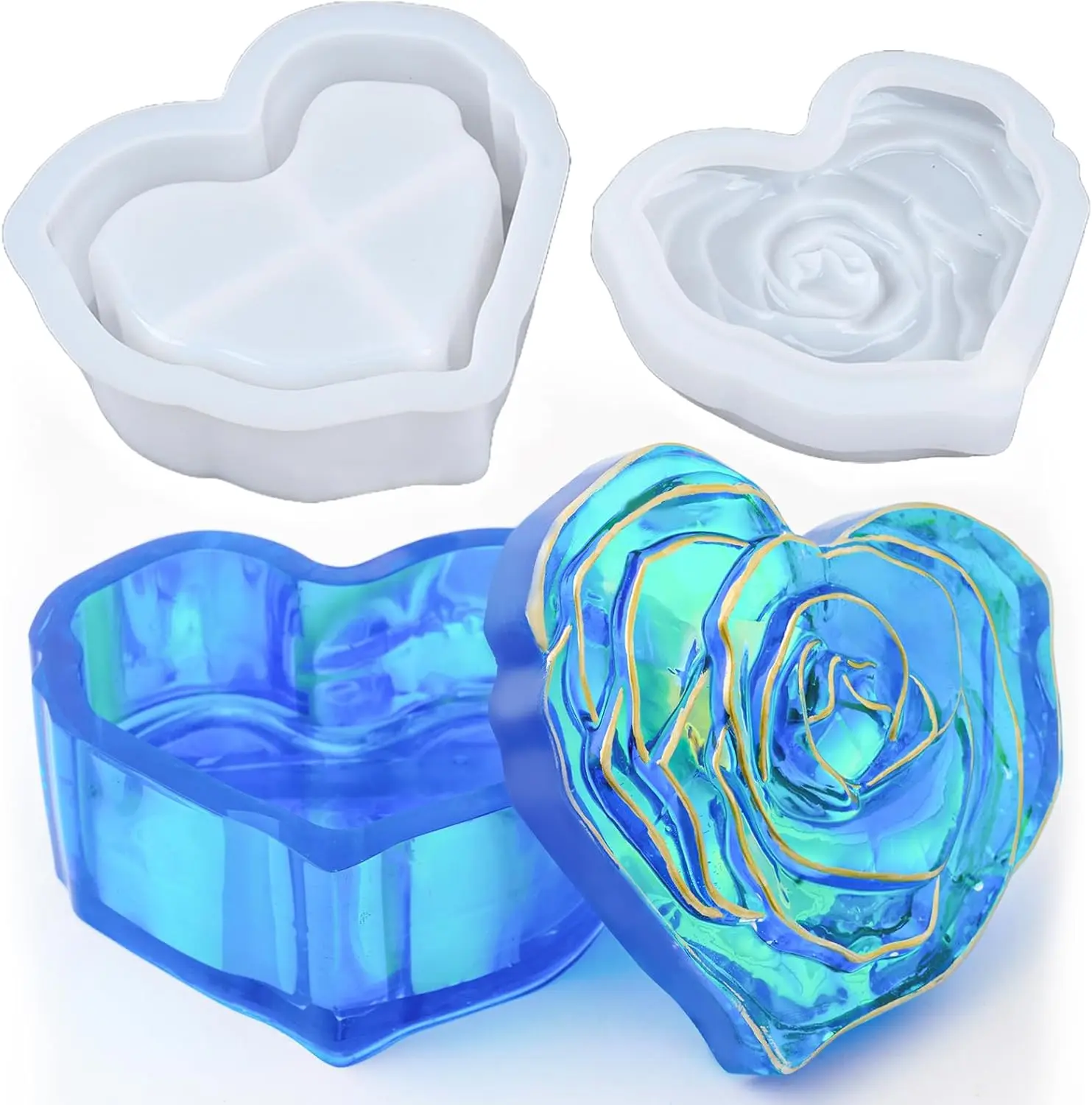 2Pcs Heart Jar Resin Mold with Rose Lid Epoxy Resin Storage Box Casting Molds DIY Jewelry Trinket Candy Container Silicone Mould Concrete Cement Plaster Planter Candle Vessel Craft Silicone Molds