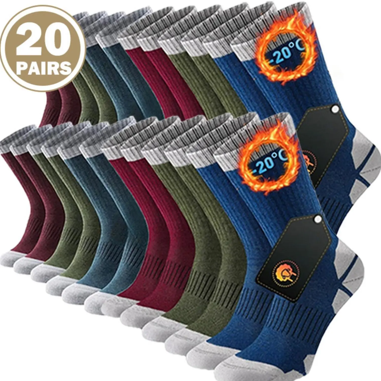 Women's Cuffed Knee Socks, Winter Thick French Terry Socks, 3/6/10/20-Pair Packs (Including 3 Pairs Black), 1 Size, Double-Grip Anti-Slip, Moisture-Wicking, Comfortable for Hiking, Women's Underwear Category, 20 Pairs