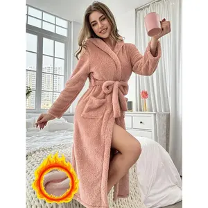 [Cozy Robe] Soft Pink Plush Hooded Robe |   Women's Winter Long Sleeve Kimono with Adjustable Waist Belt, Machine Washable Thermal Bathrobe for Home Relaxation