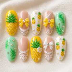 Pineapple Queen Press On Nails | 3D Tropical Fruit Vacation Nail Art