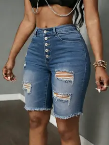 American Street Style Mid-Waist Ripped Washed Denim Five-Pocket Pants, Button Front, High Elastic Comfort, Durable for Long Wear