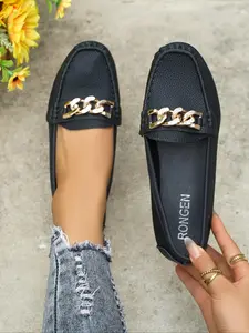 Women's Fashionable Chain Decorated Slip on Loafers, Casual Comfortable Flat Shoes for Daily Wear, Lightweight Breathable Shoes for Women & Girls