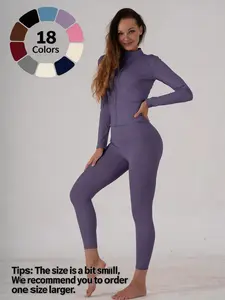 Women's Two-Piece Sportswear Set, Long Sleeve Zip-Up Top & Slim Fit Pants, Stretchable Activewear, Solid Color Design, Ideal for Gym, Fitness, Outdoor Activities