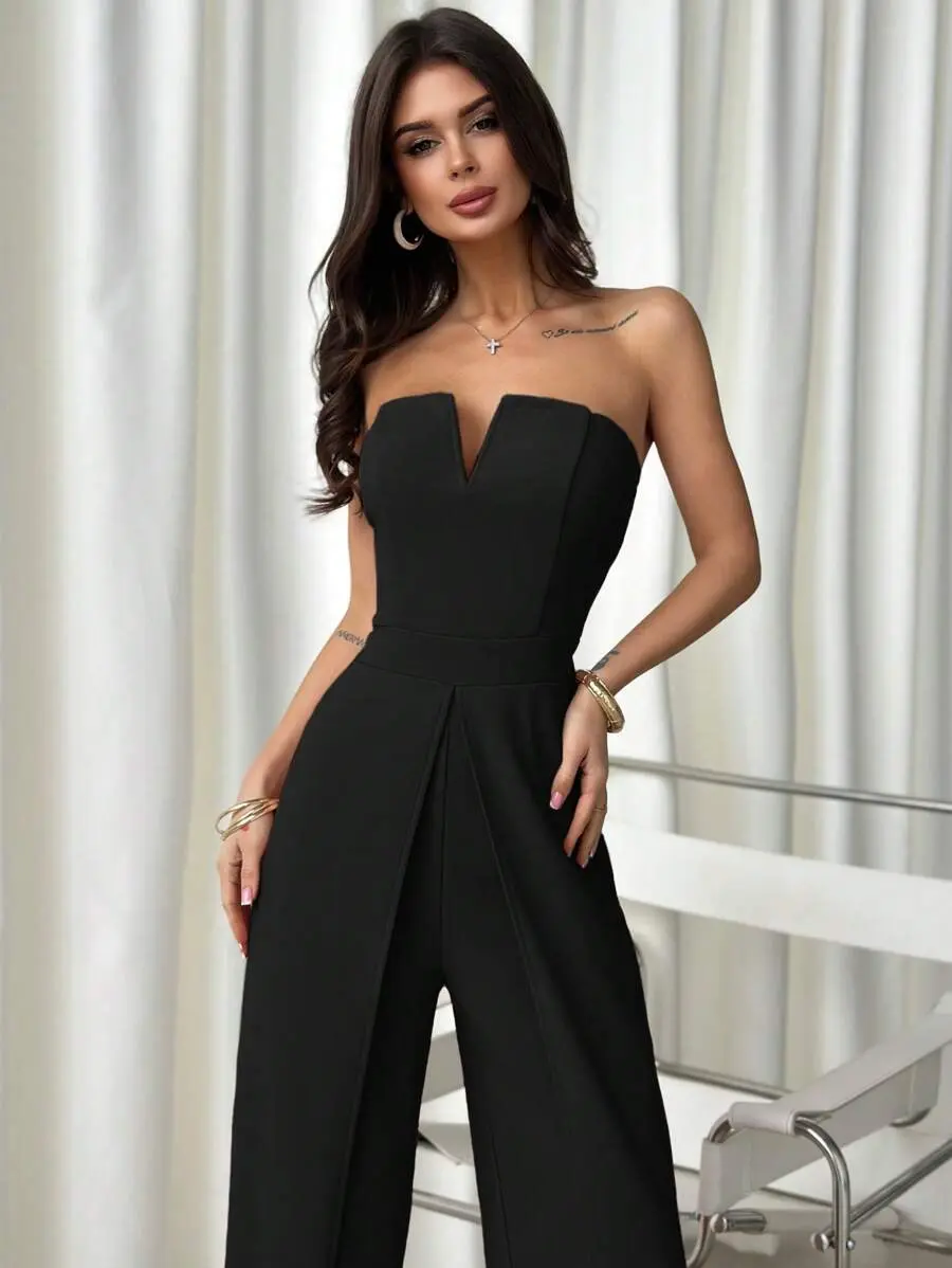 YESENIA Women's Black Elegant Summer Jumpsuits, Night Out V Neck Modest Outfits,Split & Pleats Design For Wedding,Concert,Party & City Fashion