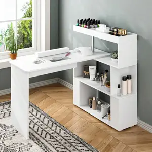 Black MDF L-Shaped Manicure Table, Professional Reversible Nail Tech Desk With 3-Tier Storage Cabinet, 30 Degree To 330 Degree Rotating Tabletop Beauty Station, Cylindrical Wrist Rest For Salon SPA Home