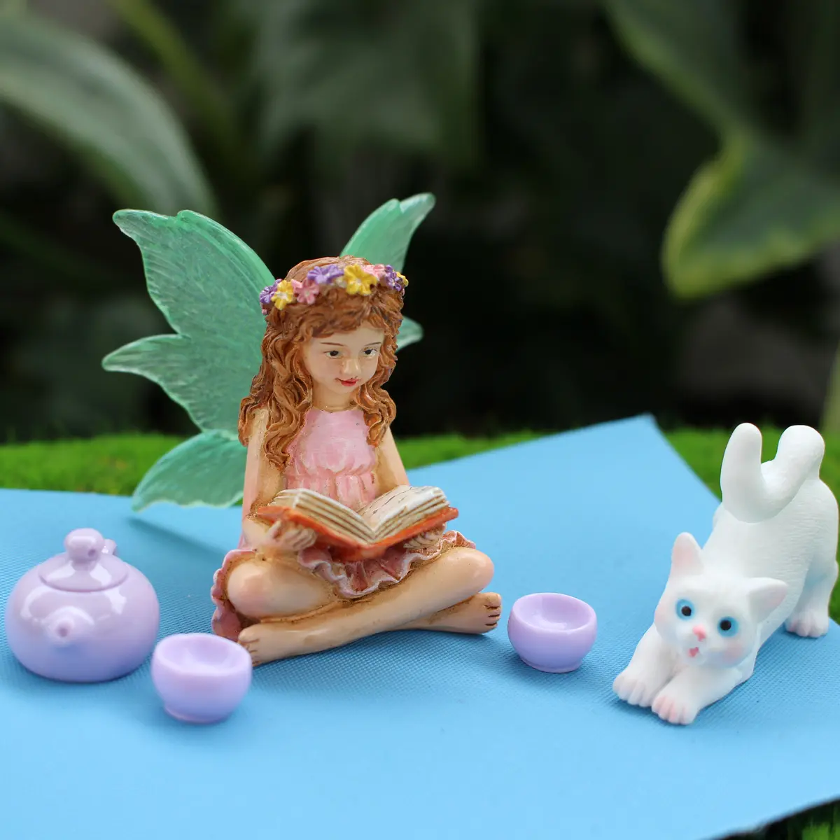Flower Fairy Combination with Fluorescent Wings Reading Flower Fairy, Cat and Teapot, Valentine's Day Christmas Bonsai Decoration Home Decor Accessory Decorative Figurines Garden Sculptures Statues Home Decor Ornament Home Decor Piece