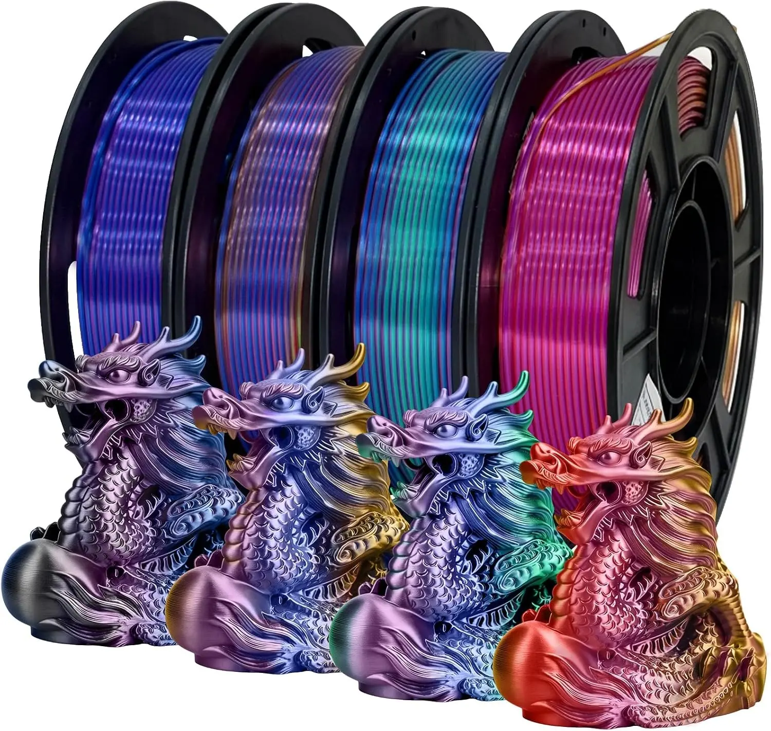 Silk PLA+ 3D Printer Filament Bundle, Shiny Tricolor PLA+ Filament 1.75mm Pack, Shiny Multi Color Change, Smooth Multicolor PLA+ Filament for Most 3D Printers - 4 Spools 250g Each