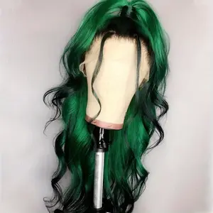 13*4 Lace Front Wig Glueless Ombre Black/Green Deep Wave Synthetic Hair with Highlights - 26 Inch Long Looking Frontal Wig, High Density 180%, Resistant Fiber for Daily Wear Suitable for Skin Tones & Ethnicities