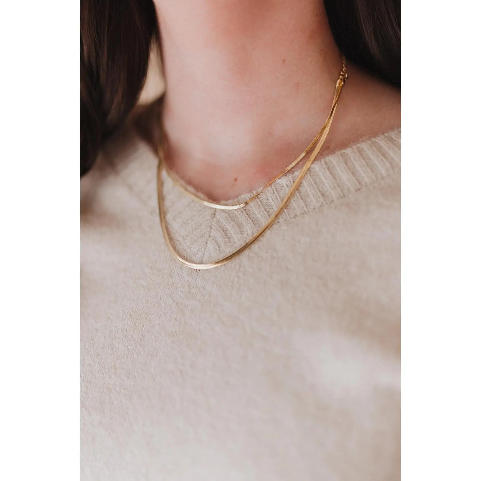 Luna Layered Gold Herringbone Chain Necklace