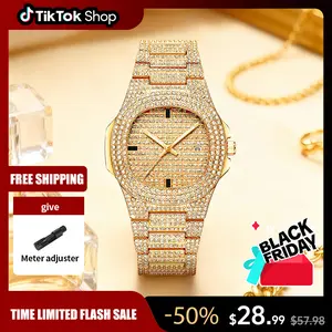Black Friday Flash Sale Women's Bling Full Diamond Watch Gold Pillow Case Crystal Studded Band Date Display Quartz Wristwatch 30M Water Resistant Luxury Party Streetwear Fashion Accessory Shiny Statement