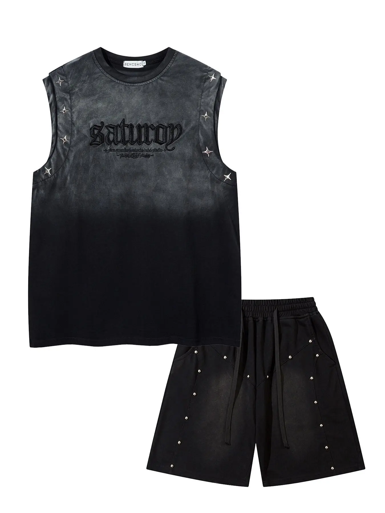 Vintage Wash and Faded Tie-Dye Sleeveless Set with Splicing and Rivet Details for Men and Women, Summer Casual Sportswear Two-Piece Sports Shorts Set, Athleisure Wear, Athleisure Workout Set