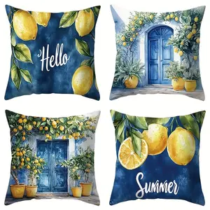 4pcs-Fresh StyleThemed Throw Pillow Covers,  Charming  Lemons Pattern in the Courtyard, Bright and Vibrant, Suitable Spring Living Room, Bedroom, Sofa and Bed Decoration, 2D Flat, Single Sided Printing, No Pillow Core
