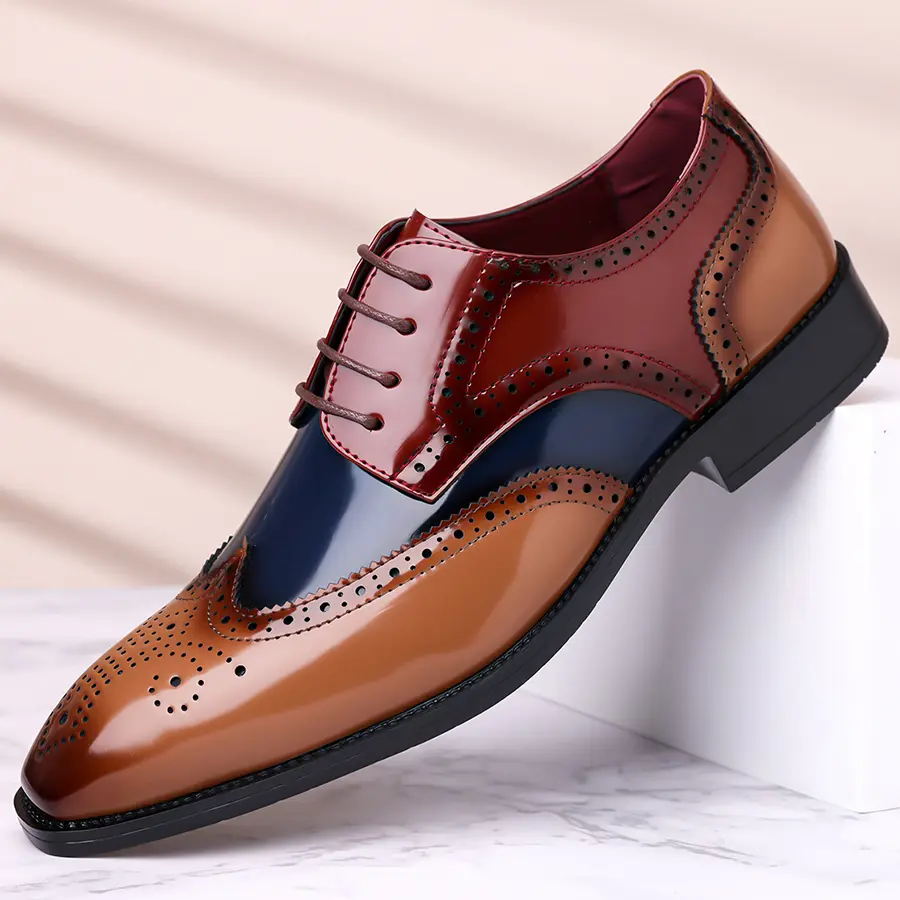 Men’s Closed-Toe Brogue Formal Shoes - Classic, Elegant, Lightweight Footwear for Work, Office, Rubber, Round Toe, Laces, Cuban, Ankle, Plain, Synthetic, Flexible, Pu Upper