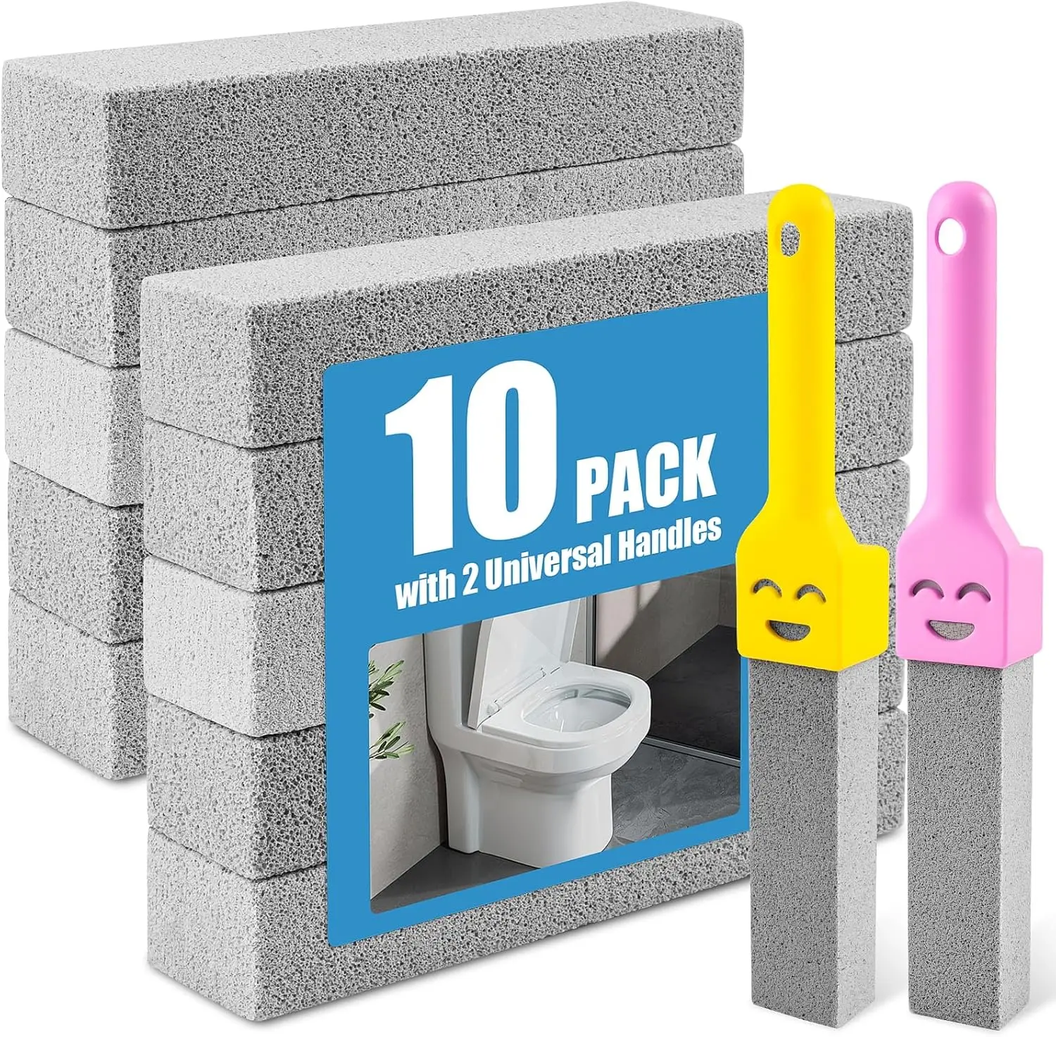 10 Pack Pumice Stone with 2 Handles, Toilet Bowl Cleaner Ring Remover, Pumice Stone for Toilet Cleaning, Bathtub, Grill, Pool, Sinks, Stove Grates - Reusable Scouring Stones Cleaner