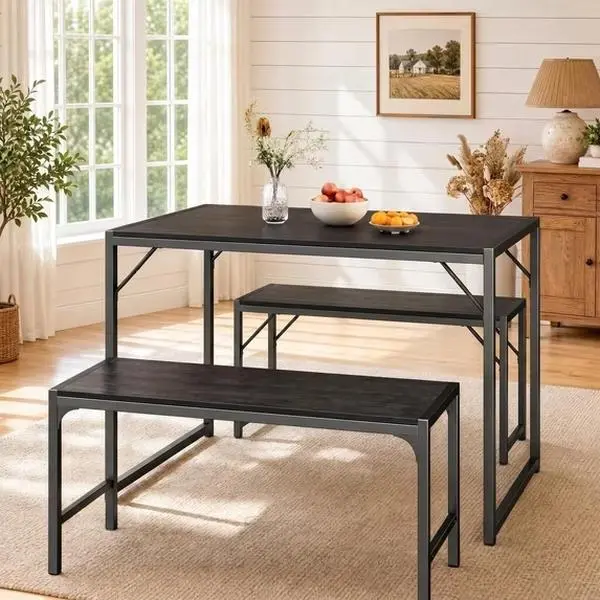 GIZOON 45.5" Ergonomic 4-Seater Convertible Multipurpose Dining Table Set with 2 Benches - Metal Frame, Engineered Wood Board Indoor Furniture for Kitchen, Apartment