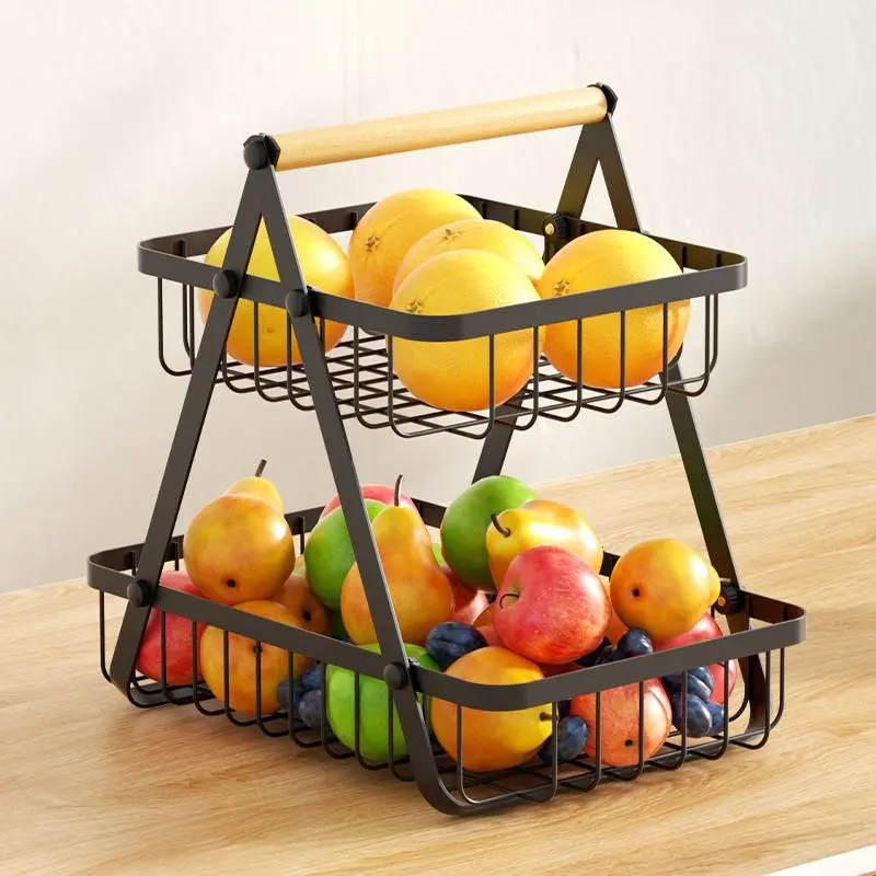 Fruit Basket, Wire Storage Baskets, Baskets for Organizing, Metal Wire Net Storage Basket with Wooden Handle, Food Stand Holder for Fruit Bread Snack Veggies, Vegetable Storage Basket, Food Storage Organizer