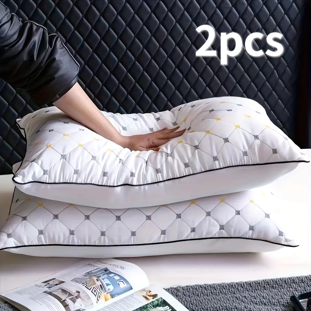 Luxury Hotel Quilted Woven Microfibre Washable Bed Pillows - 1/2pc Options, White with Yellow Accents, High-Quality, Ideal for Side Sleepers, Christmas Gift, Woven Fabric