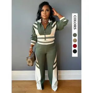 2026 Women's Colorblock Print Zip Up Crop Jacket & Pants Two-piece Set, Casual Matching Set for Daily Outdoor Wear