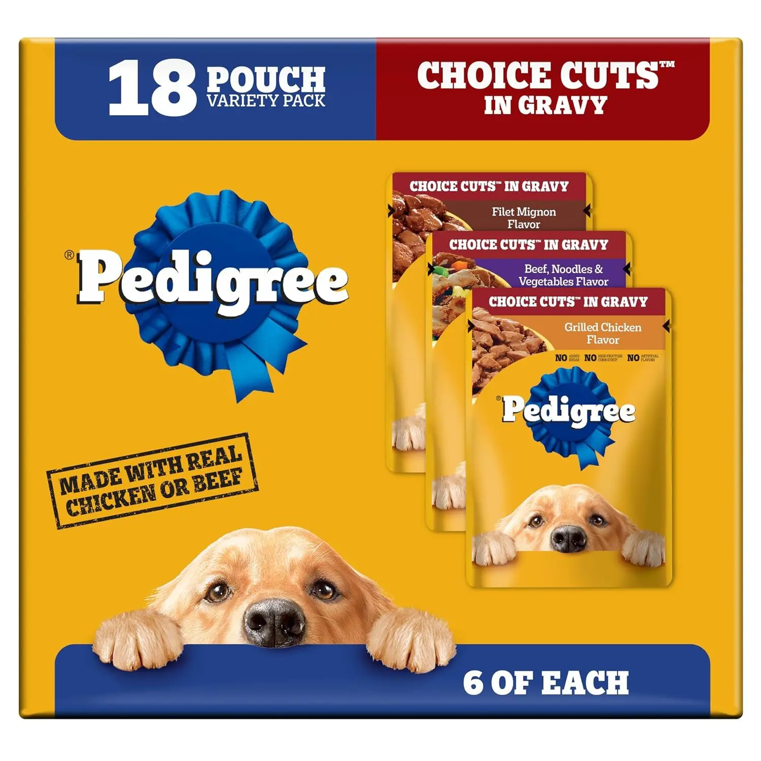 Pedigree Choice Cuts Wet Dog Food Pouch, Protein Variety, 3.5 oz, 30 Count | Beef, Chicken & Filet Mignon, no added sugars or artificial flavors, 36 vitamins & minerals, 50%+ water, complete & balanced