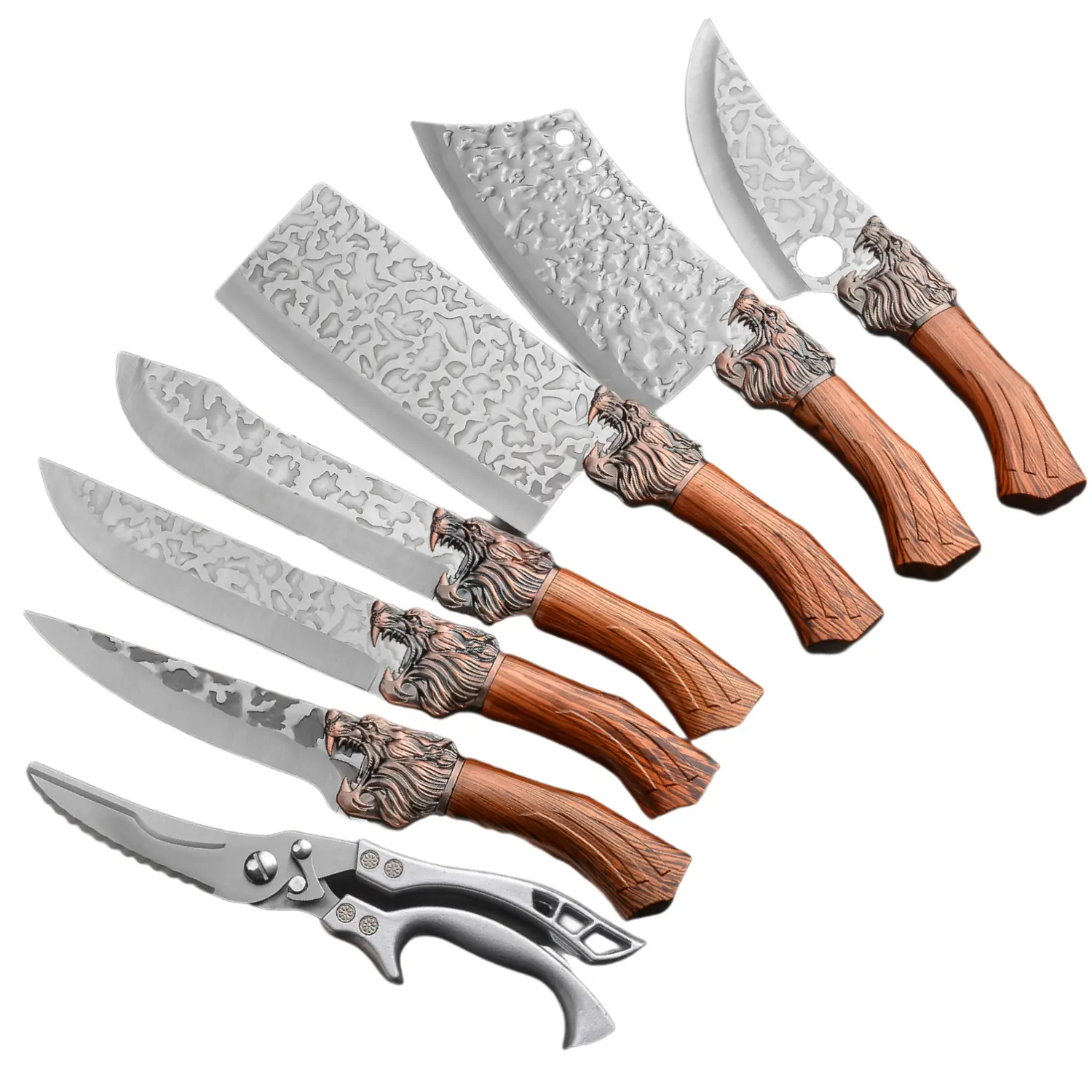 7-Piece Thick Stainless Steel Chef Knife Set - Creative Lion Design Kitchen Cutlery with Sharp Blade, Ergonomic Plastic Handle, Unique Hammer Pattern, Corrosion-Resistant, Durable for Daily Family Cooking, Chinese Chopping Tasks
