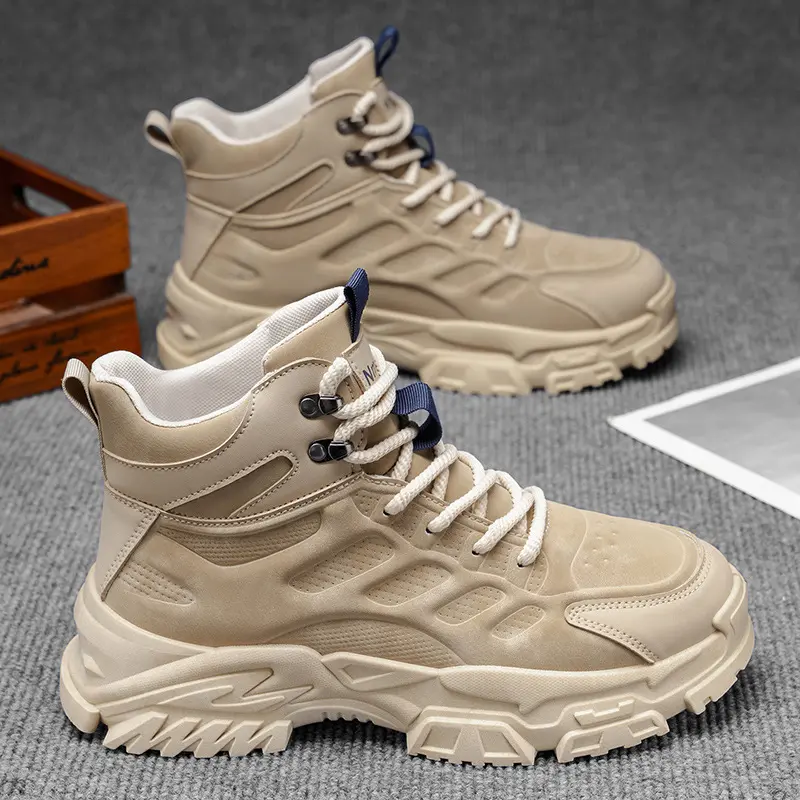 UYCEKK Men's Height-Increasing High-Heel Workwear Boots - Thick-Soled Ankle & Calf, Light Khaki & Rubber Outsole, Insole for All- Outdoor,,, Casual Wear - Stable Lacing Design