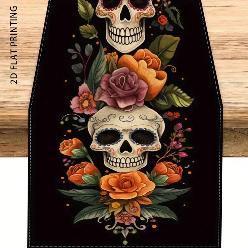 1-piece set, Halloween Sugar Skull Table Runway - Mexican Day of the Dead decoration, Party decoration, bright floral rose pattern, linen rectangular table cloth, suitable for restaurant, kitchen and holiday home decoration