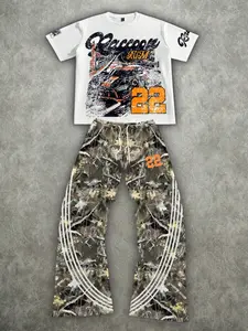 Vintage Racing Print T-Shirt + Camouflage Wide Leg Pants 2-Piece Loose Outfit, Orange No.22 Printed Tee with Striped Camo Pants, Casual Streetwear Aesthetic Set Perfect for TikTok OOTD / Concert Outfits
