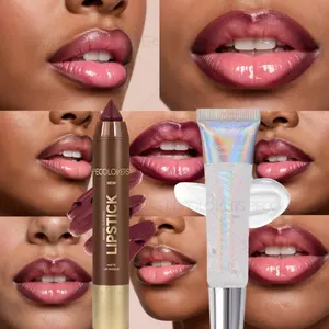 2PCS Velvet Texture Lip Makeup Set, Includes Lip Liner, Lipstick, Lip Gloss, Moisturized Lipstick, Moisturizing, Hydrating Semi-matte Finish, Waterproof and Long-lasting Effect, Red, Light and Non-sticky, Holiday Gift for Girls