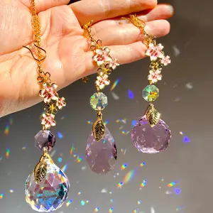 Crystal Sun Catcher Cherry Blossom Car Ornament, Hangable Golden Cherry Blossoms with Purple Crystal Prism, Anti-Glare Rearview Mirror Accessory - Perfect Housewarming Gift, Party Decor, Home and Outdoor Garden Hanging Decorations