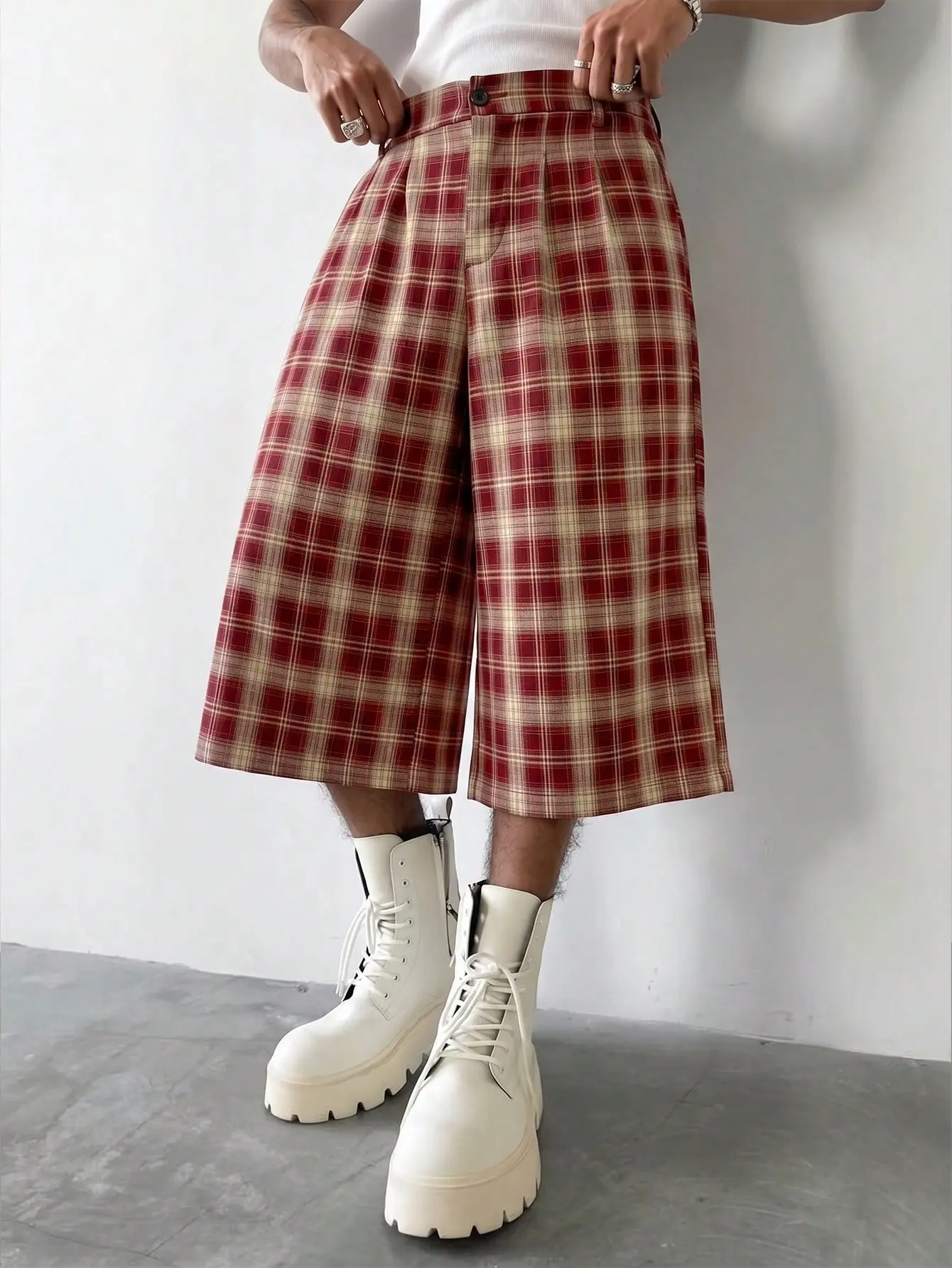 Men's Plaid Baggy Long Shorts, Urban Fashion Essentials, Wide Leg Knee Length Culotte Shorts, Y2K Skater Streetwear Shorts, Loose Fit Pleated Casual Shorts, Summer Hip Hop Gothic Shorts, Vintage Tartan Check Shorts, Oversized Festival Outfit Shorts Casual