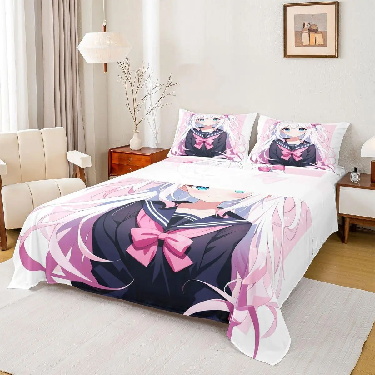 Kawaii Japanese Sheets Cartoon Anime Bedding Set 3D Japanese Style Bed Sheets Set Sailor Suit Uniform Design Fitted Sheet + Top Sheet