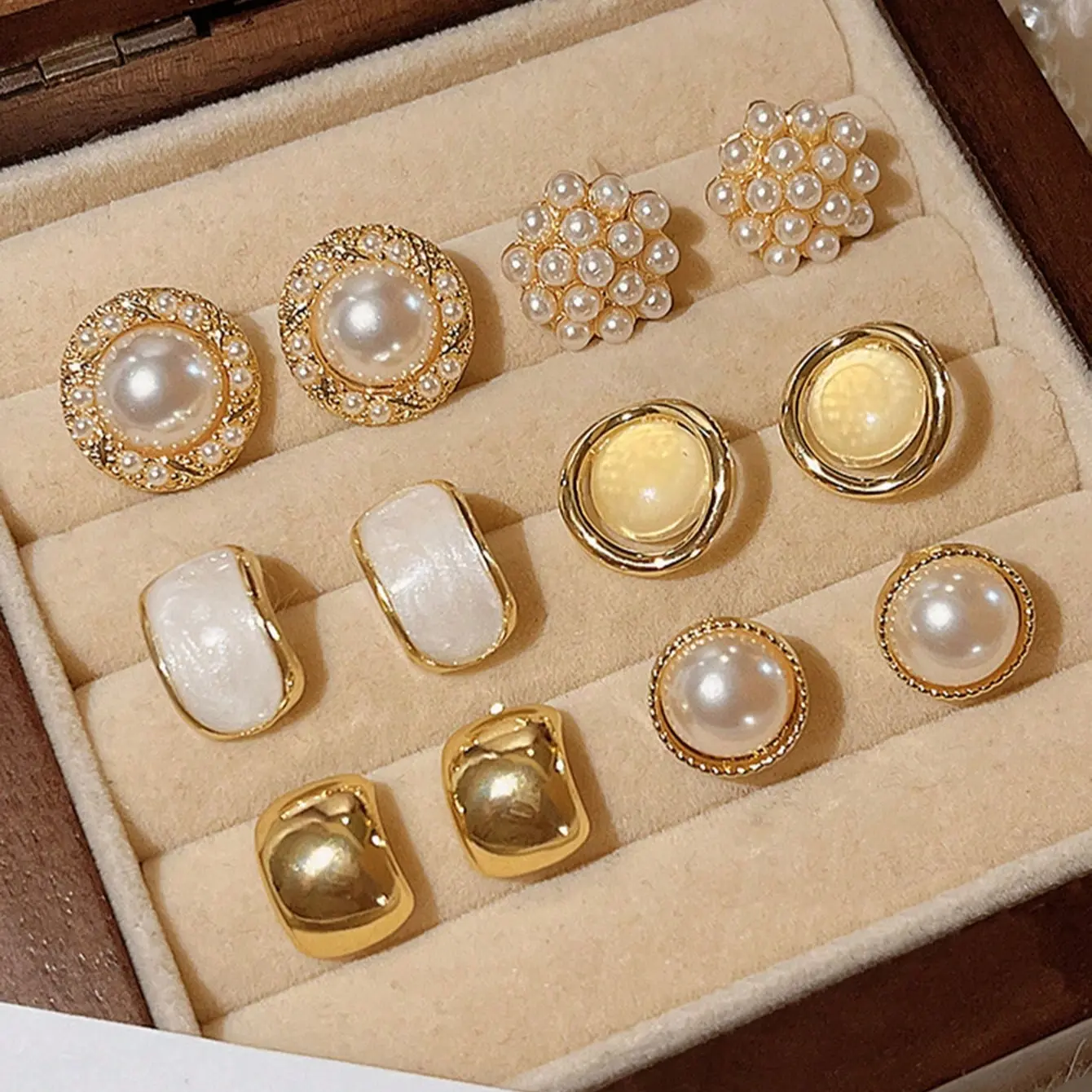 6-Pair Retro Elegant Hong Kong Style Fashion Glossy Round Artificial Pearl Square Round Ear Stud Earrings Set, Pearls Earrings, Dainty Earrings