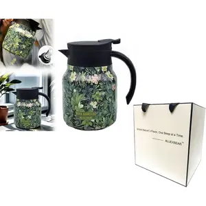 Vintage Floral Pattern Teapot with Infuser for Loose Tea, Stainless Steel Thermal Carafe with Lid for Hot Drinks (Green, Plastic Handle)
